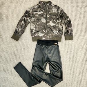 Camouflage Bomber Jacket and Black Faux Leather Leggings Set